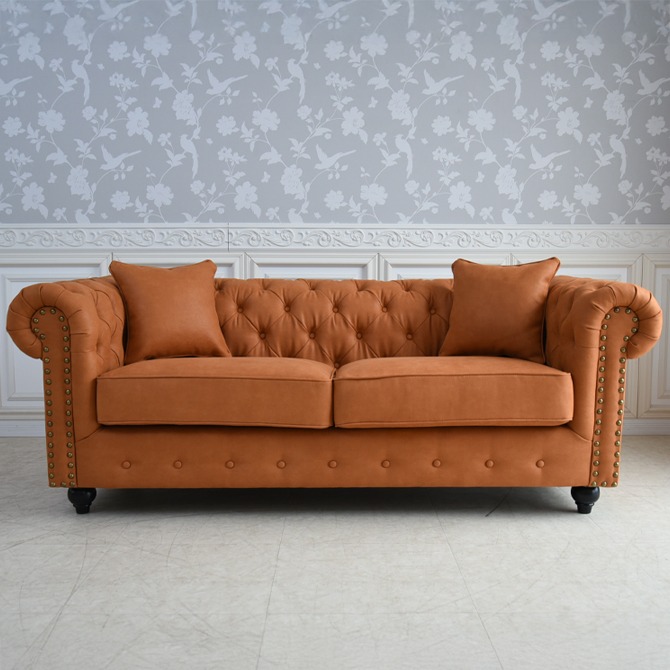 チェスターフィールド 3人掛けソファ 撥水レザーファブリック キャメル