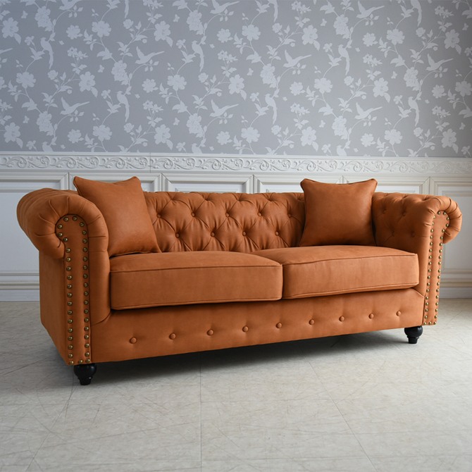 クラシック チェスターフィールド 3人掛けソファ 3P 撥水 キャメル 画像2