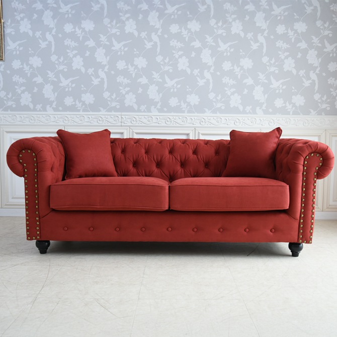 チェスターフィールド 3人掛けソファ 撥水レザーファブリック レッド