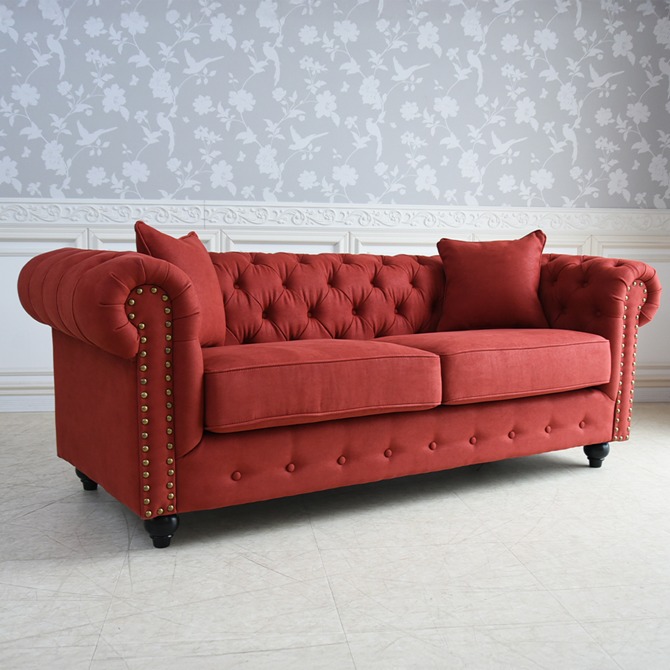 クラシック チェスターフィールド 3人掛けソファ 3P 撥水 レッド 画像2