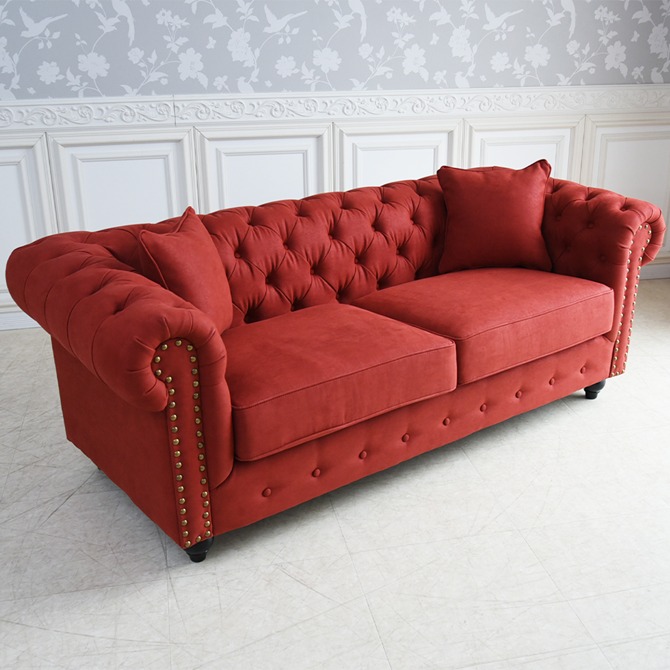 クラシック チェスターフィールド 3人掛けソファ 3P 撥水 レッド 画像3