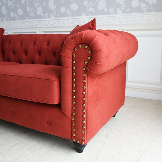 クラシック チェスターフィールド 3人掛けソファ 3P 撥水 レッド 画像8